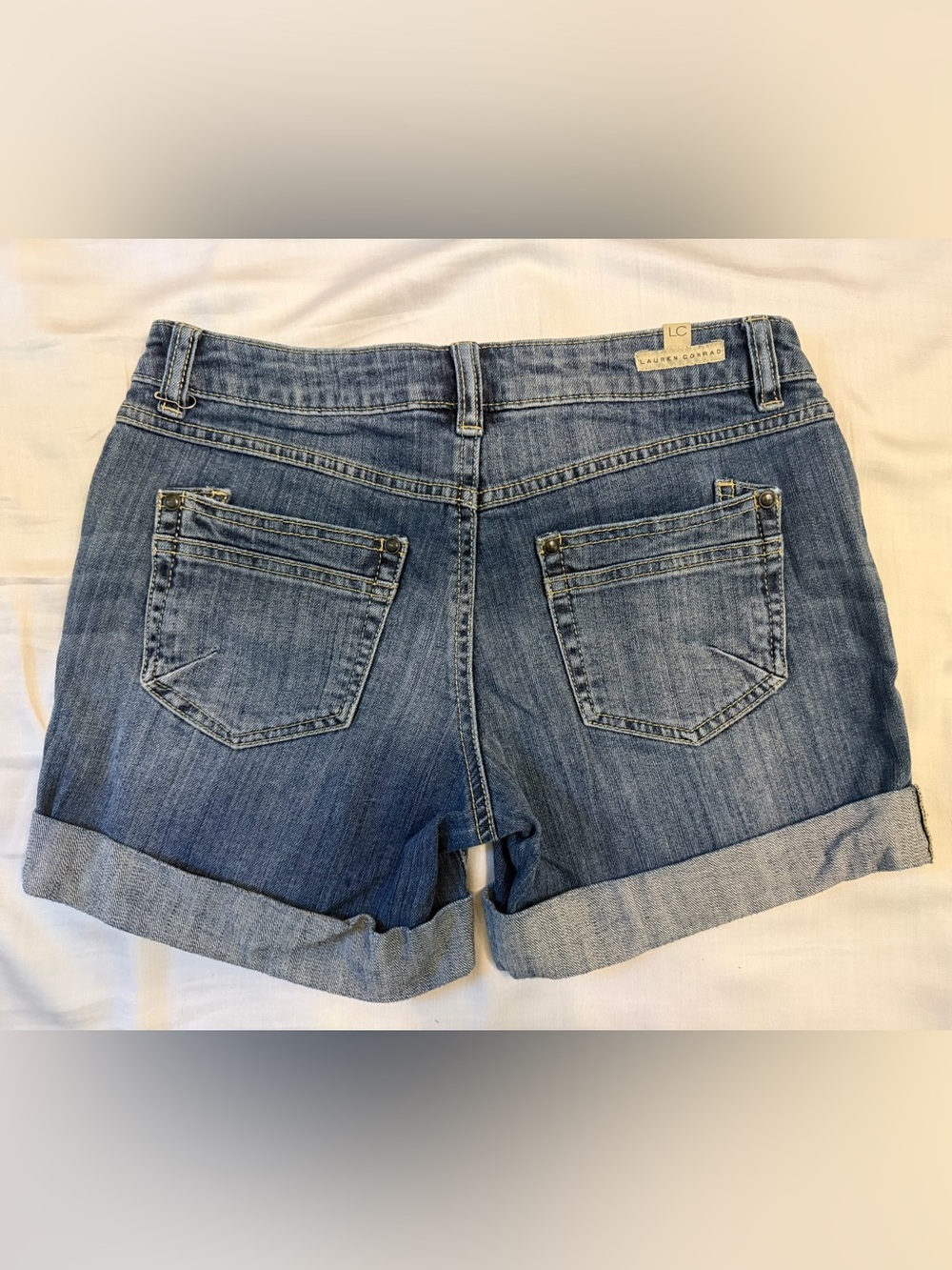 Lauren Conrad LC Denim Shorts Size 4 Cuffed Distressed Mid Rise Blue Wash